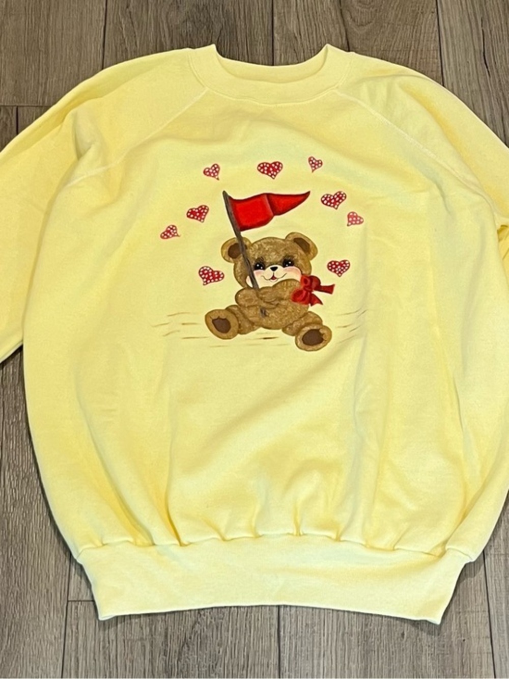 VTG 80s Pannill Hand Painted Sweatshirt XL Red Flag Bear Grandma Core USA